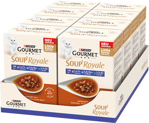 Nassfutter Katze mit Lachs & Kabeljau oder Scholle, Soup Royale, Multipack (6x45 g) Purina Gourmet