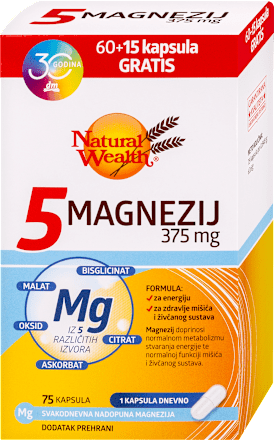 5 Magnezij 375 mg, 60 kom. + 15 kom. Natural Wealth