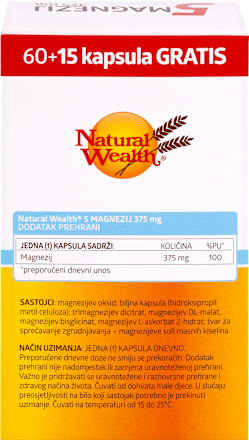 5 Magnezij 375 mg, 60 kom. + 15 kom. Natural Wealth