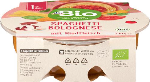 Menü Spaghetti Bolognese mit Rindfleisch ab 1 Jahr dmBio