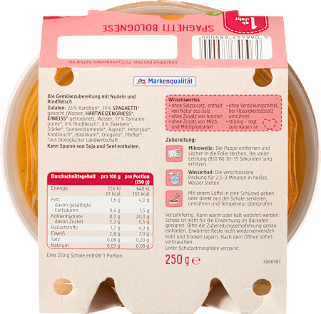 Menü Spaghetti Bolognese mit Rindfleisch ab 1 Jahr dmBio