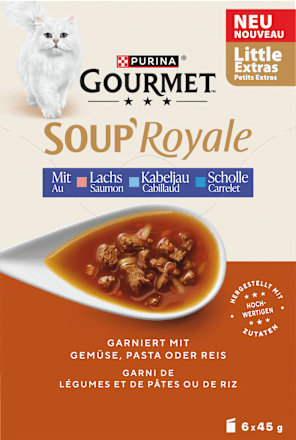 Katzensnack Soup Royale mit Lachs, Kabeljau und Scholle (6 x 45g) Purina Gourmet