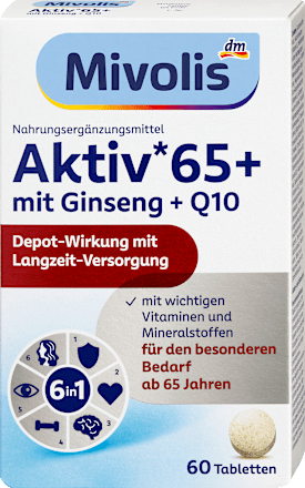Prehransko dopolnilo Aktiv 65+ z vitamini, minerali, izvlečkom ginsenga in koencimom Q10 Mivolis
