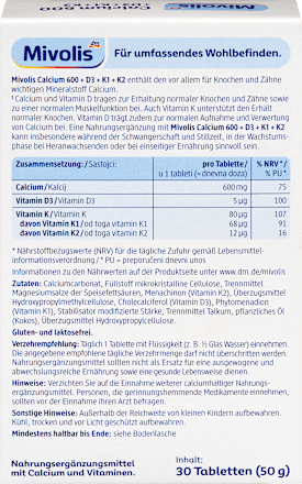 Kalcij 600 + vitamini D3 + K1 + K2, tablete Mivolis