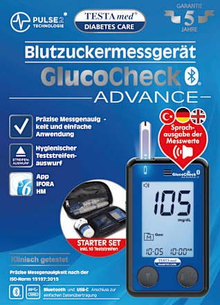 GlucoCheck ADVANCE Blutzuckermessgerät mit Sprachausgabe Testa med