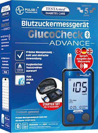 GlucoCheck ADVANCE Blutzuckermessgerät mit Sprachausgabe Testa med