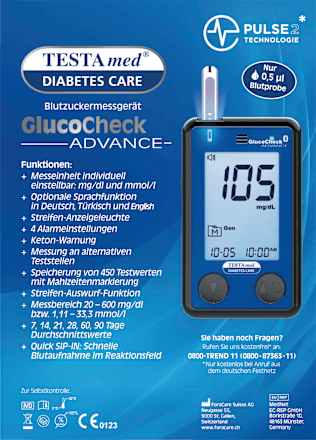 GlucoCheck ADVANCE Blutzuckermessgerät mit Sprachausgabe Testa med