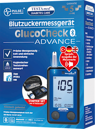 GlucoCheck ADVANCE Blutzuckermessgerät mit Sprachausgabe Testa med