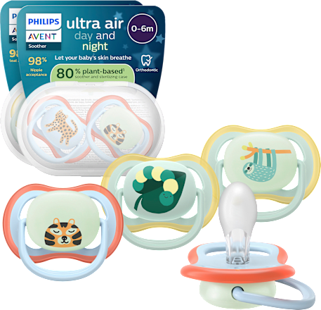 Schnuller ultra air day and night Silikon, gelb/grün + rot/blau, 0-6 Monate PHILIPS AVENT