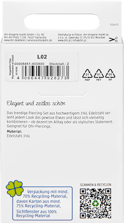 Ohr-Piercings 316L Stahl, silberfarben ebelin