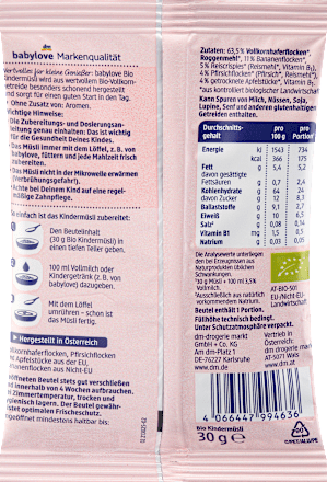 Bio muesli za otroke z banano, jabolkom in breskvijo babylove