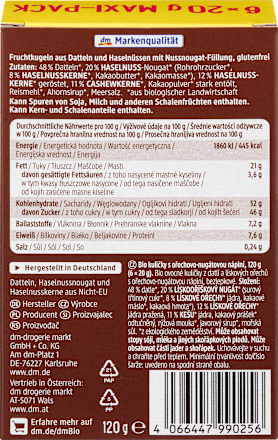 Bio sadne kroglice iz datljev in lešnikov s polnilom iz lešnikovega nugata, MAXI pakiranje dmBio