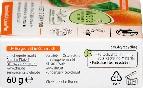 Trdi šampon za lase z vonjem mandarine in bazilike alverde NATURKOSMETIK