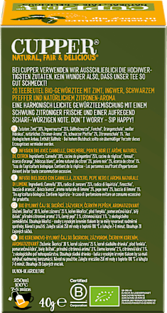 Gewürztee "Be Happy" mit Zitrone, Zimt, Ingwer, schwarzer Pfeffer (20 Beutel) Cupper