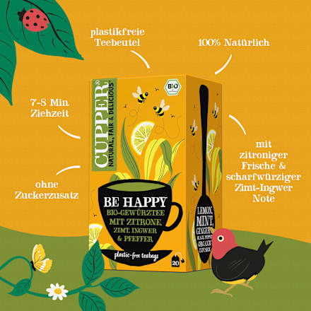 Gewürztee "Be Happy" mit Zitrone, Zimt, Ingwer, schwarzer Pfeffer (20 Beutel) Cupper