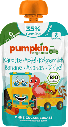 Quetschie Karotte, Apfel, Kokosmilch, Banane, Ananas & Dinkel ab 6 Monaten pumpkin organics