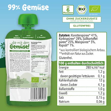 Quetschie Karotte, Kürbis, Süßkartoffel & Mais ab 6 Monaten pumpkin organics