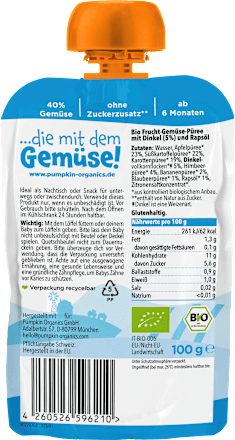 Quetschie Apfel, Süßkartoffel, Karotte, Dinkel & Himbeere ab 6 Monaten pumpkin organics