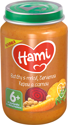 zeleninový příkrm Batáty s mrkví, červenou řepou a cizrnou Hami