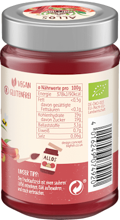 Fruchtaufstrich Erdbeere + Rhabarber Frucht Pur 75% ALLOS