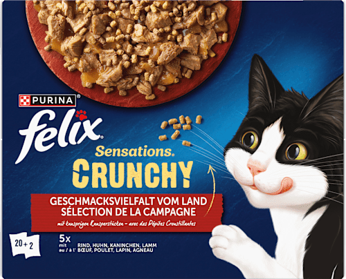 Nassfutter Katzen, Crunchy Geschmacksvielfalt vom Land, Multipack (20x85g + 2x40g) Felix