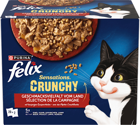 Nassfutter Katzen, Crunchy Geschmacksvielfalt vom Land, Multipack (20x85g + 2x40g) Felix