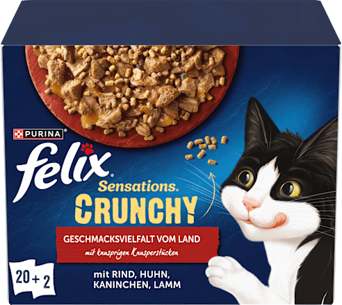 Nassfutter Katzen, Crunchy Geschmacksvielfalt vom Land, Multipack (20x85g + 2x40g) Felix