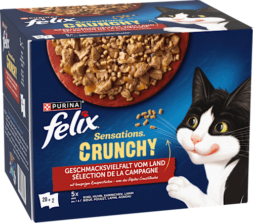 Nassfutter Katzen, Crunchy Geschmacksvielfalt vom Land, Multipack (20x85g + 2x40g) Felix