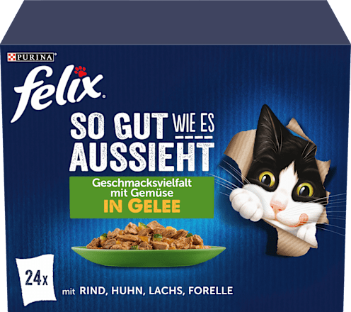Nassfutter Katze, gemischte Vielfalt mit Gemüse in Gelee, Multipack (24x85g) Felix