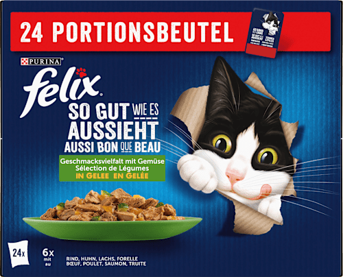Nassfutter Katze, gemischte Vielfalt mit Gemüse in Gelee, Multipack (24x85g) Felix