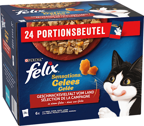 Nassfutter Katze, Sensations Gelée - Geschmacksvielfalt vom Land, Multipack (24x85 g) Felix