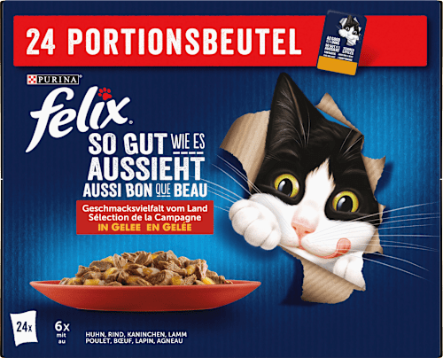Nassfutter Katze, Geschmacksvielfalt vom Land in Gelee,Multipack (24x85 g) Felix