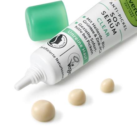 Pattanás elleni SOS-szérum problémás bőrre Clear, gyógyfölddel és bio zöldteakivonattal alverde NATURKOSMETIK