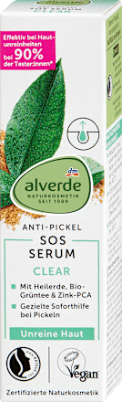 Pattanás elleni SOS-szérum problémás bőrre Clear, gyógyfölddel és bio zöldteakivonattal alverde NATURKOSMETIK