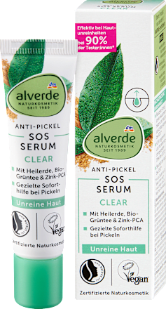 Pattanás elleni SOS-szérum problémás bőrre Clear, gyógyfölddel és bio zöldteakivonattal alverde NATURKOSMETIK