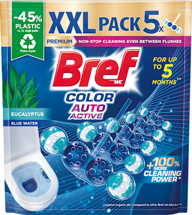 Tuhý WC blok Premium Color Auto Active Eucalyptus, XXL balenie Bref
