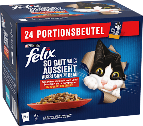 Nassfutter Katze, Geschmacksvielfalt vom Land in Gelee,Multipack (24x85 g) Felix
