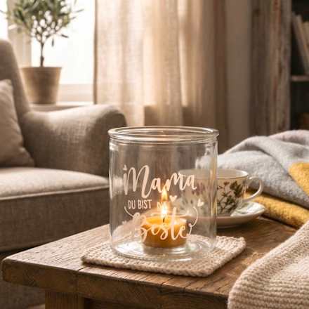Kerzenhalter aus Glas "Mama du bist die Beste", klar Dekorieren & Einrichten