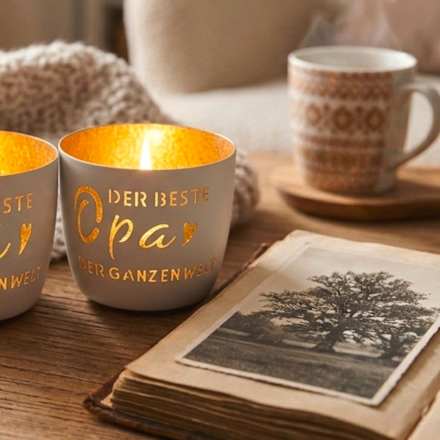 Metallkerzenhalter mit Spruchausstanzung "Opa", weiß-gold Dekorieren & Einrichten