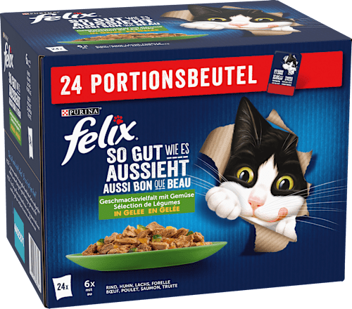Nassfutter Katze, gemischte Vielfalt mit Gemüse in Gelee, Multipack (24x85g) Felix