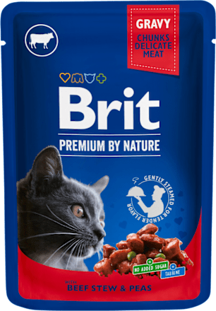 Krmivo pre dospelé mačky v kapsičke Premium By Nature s hovädzím mäsom a hráškom v omáčke Brit