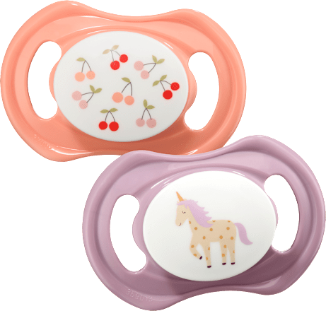 Schnuller Silikon symmetrisch, lila/rosa, Gr. 1, 0-6 Monate babylove