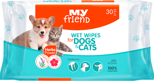 Nedves törlőkendő kutyák és macskák számára, levendulával és bodorrózsával My friend