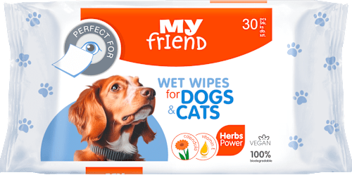 Nedves törlőkendő szemkörnyékre, kutyák és macskák számára, körömvirággal és E-vitaminnal My friend
