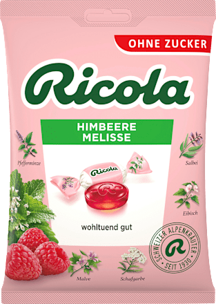 Bonbons Schweizer Alpenkräuter Himbeere Melisse zuckerfrei Ricola