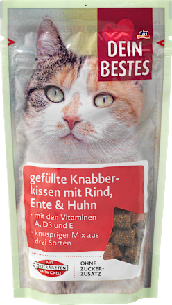 Katzenleckerli gefüllte Knabberkissen Rind, Ente & Huhn Dein Bestes