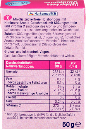 Halsbonbons Himbeere-Aronia zuckerfrei Mivolis