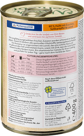 Popolna hrana za odrasle pse s kokošjo, bučkami, sladkim krompirjem in lanenim oljem DEIN BESTES