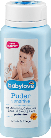 Sensitive otroški puder s koruznim škrobom, izvlečkom ognjiča in jojobinim oljem babylove