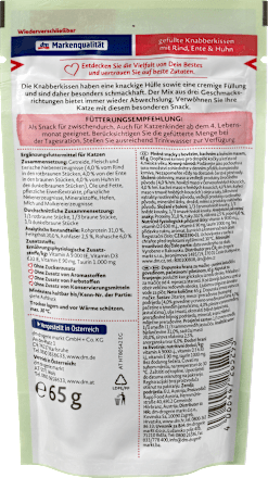 Katzenleckerli, gefüllte Knabberkissen mit Rind, Ente & Huhn Dein Bestes